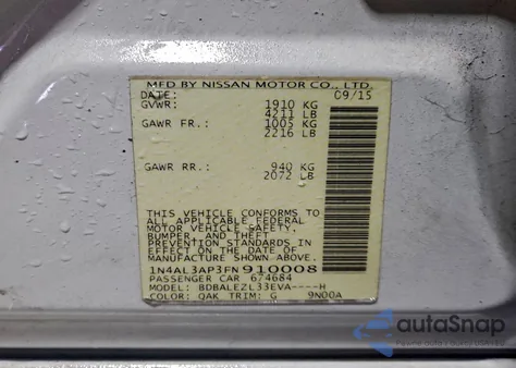 2015 Nissan Altima 2.5 from USA, damaged, VIN 1N4AL3AP3FN910008